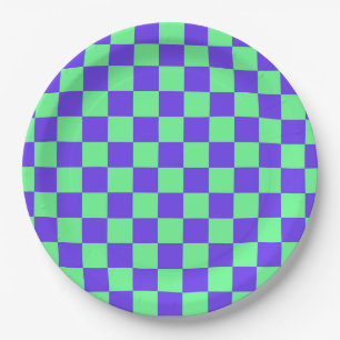 Purple and Green Chequerboard Pattern Paper Plate