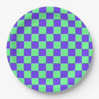 Purple and Green Chequerboard Pattern Paper Plate