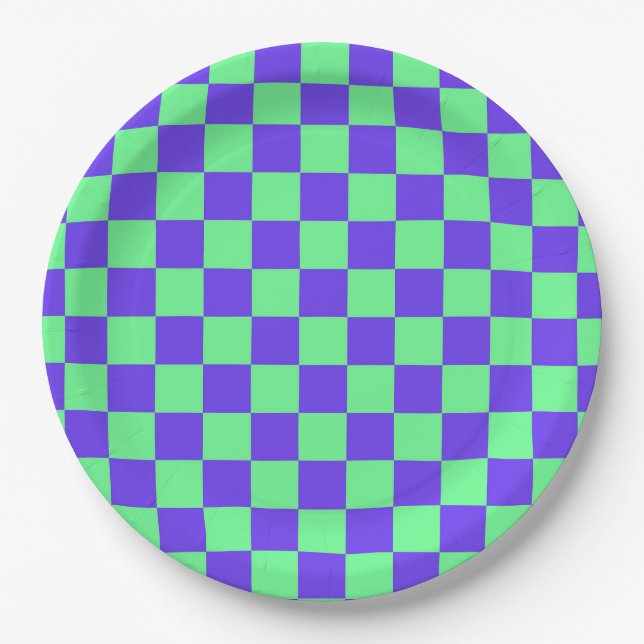 Purple and Green Chequerboard Pattern Paper Plate (Front)