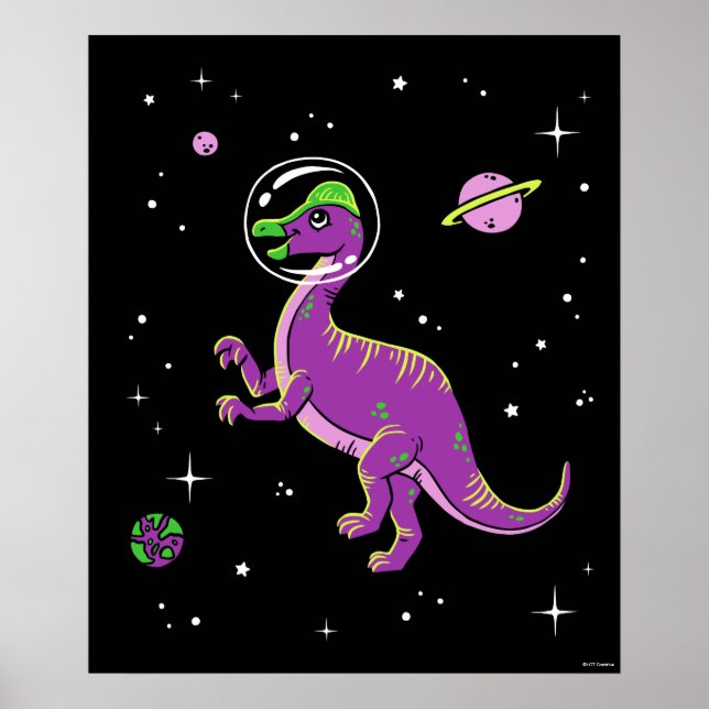 Purple And Green Corythosaurus Dinos In Space Poster (Front)