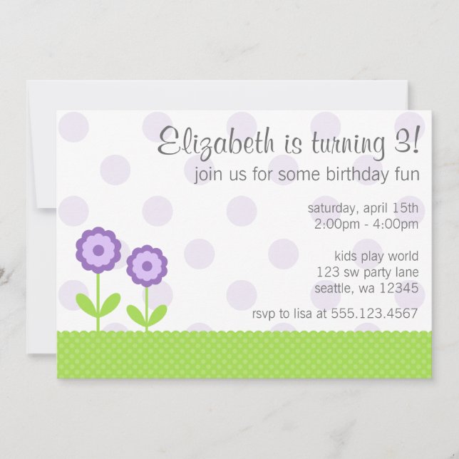 Purple and Green Daisy Polka Dots Birthday Party Invitation (Front)