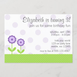 Purple and Green Daisy Polka Dots Birthday Party Invitation