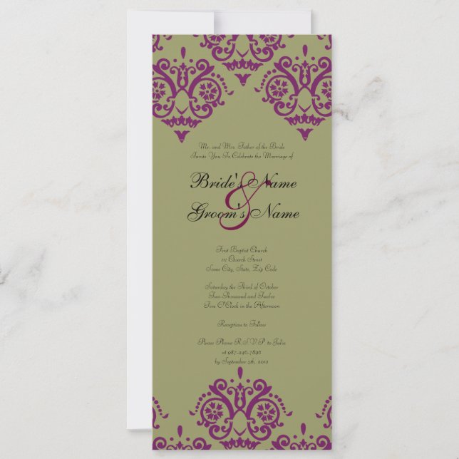 Purple and Green Damask Wedding Invitation (Front)
