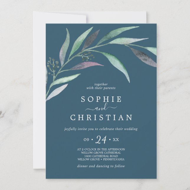 Purple and Green Eucalyptus | Blue Casual Wedding Invitation (Front)