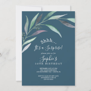 Purple and Green Eucalyptus Blue Surprise Party Invitation