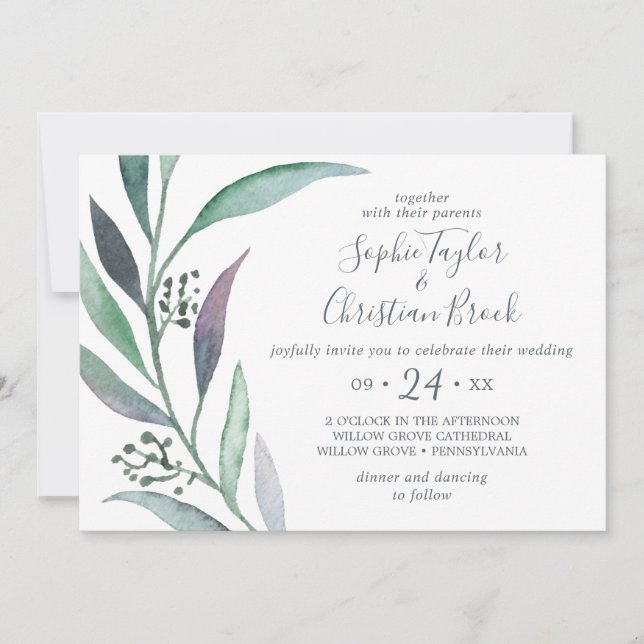 Purple and Green Eucalyptus Horizontal Wedding Invitation (Front)