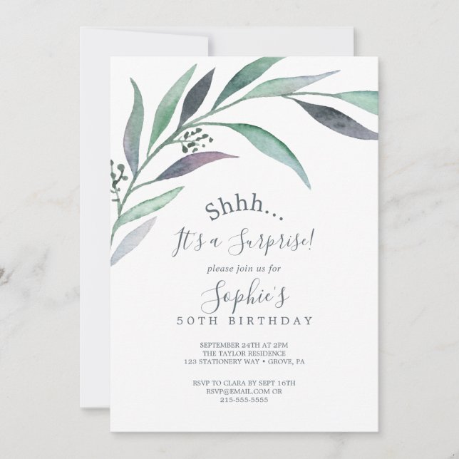 Purple and Green Eucalyptus Surprise Party Invitation (Front)