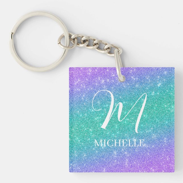 Purple and Green Faux Glitter Name and Initial Key Ring (Front)