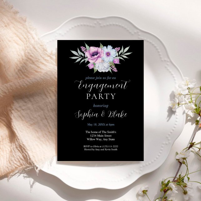 Purple and Green Floral | Black Engagement Party Invitation (Creator Uploaded)