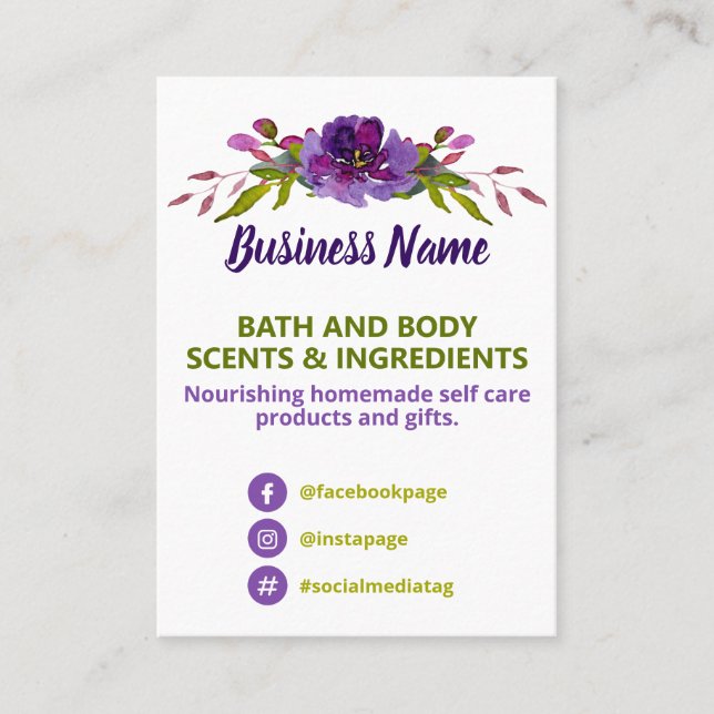 Purple And Green Floral Spa Ingredient List Business Card (Front)