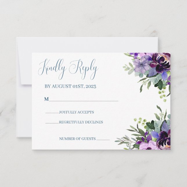 Purple and green Floral  watercolour wedding  RSVP Card (Front)