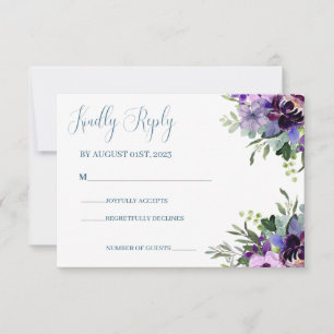 Purple and green Floral  watercolour wedding  RSVP Card