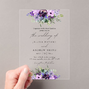 Purple and green Floral wedding Acrylic Invitations