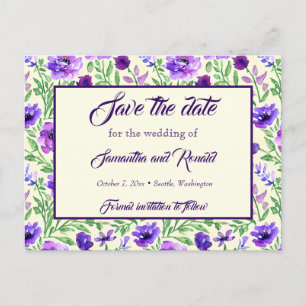 Purple and Green Floral Wedding Save the date Announcement Postcard