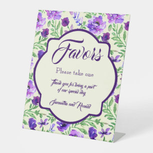 Purple and Green Flowers Wedding Favours Tabletop Pedestal Sign