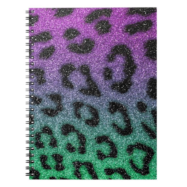 Purple and Green Glitter Gradient Cheetah Print Spiral Notebook (Front)
