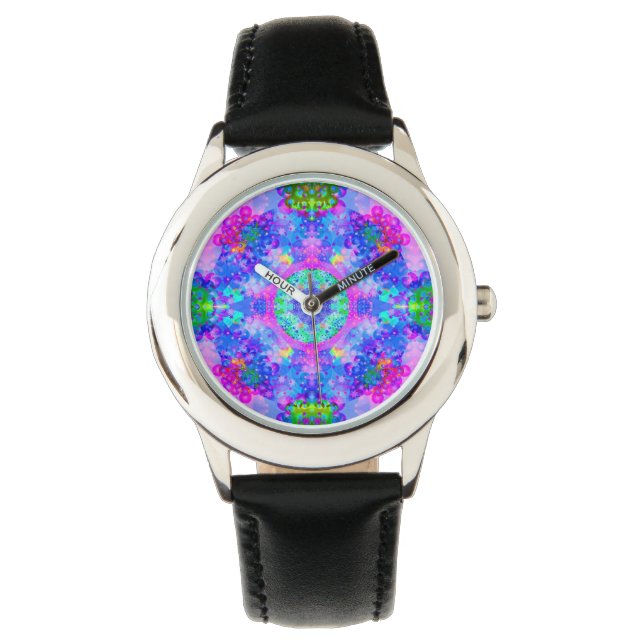 Purple and Green Kaleidoscope Fractal Art Watch (Front)