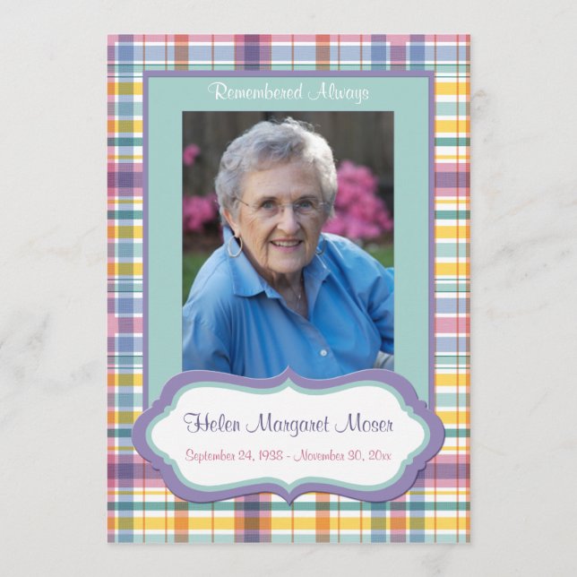 Purple and Green Plaid Memorial Card with Photo (Front)