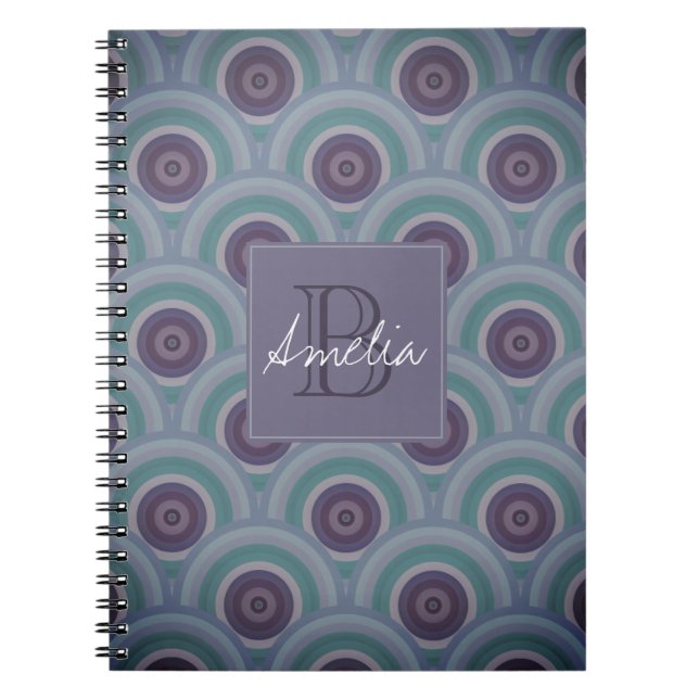 Purple and Green Retro Circles Pattern Monogram Notebook (Front)