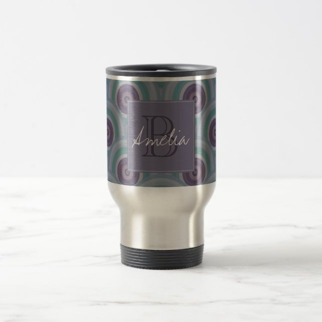 Purple and Green Retro Circles Pattern Monogram Travel Mug (Center)