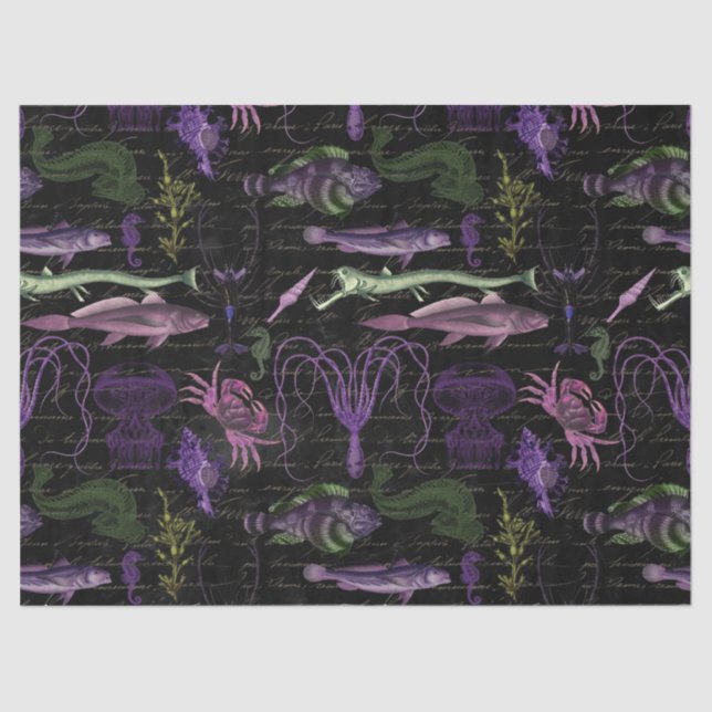 Purple and Green Sea Creatures on Black Decoupage Tissue Paper (Front)