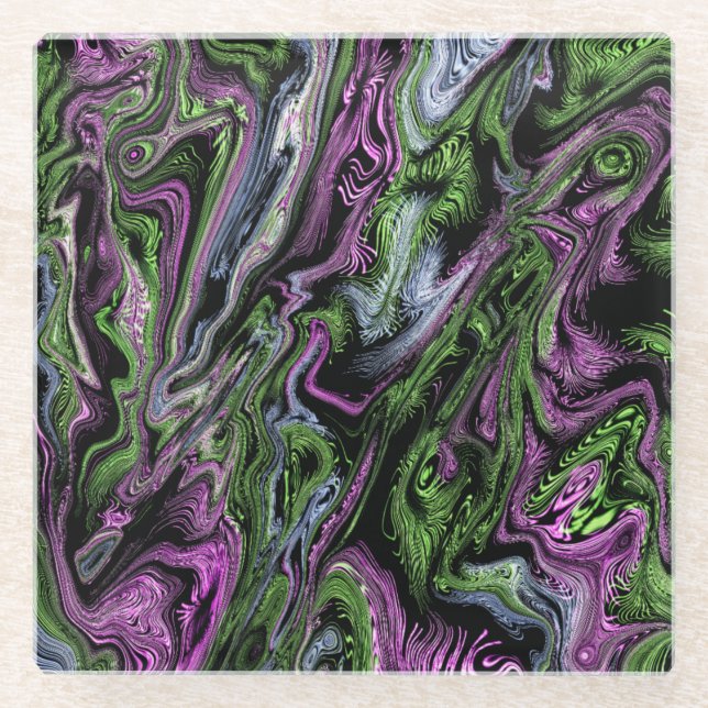 Purple and Green Silk Thread Effect Liquid Art Glass Coaster (Front)