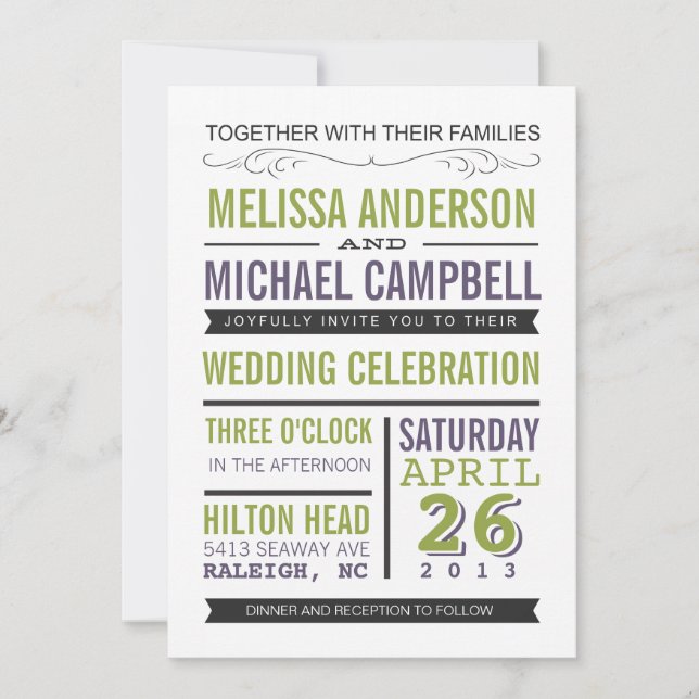 Purple and Green Typography Wedding Invitation (Front)