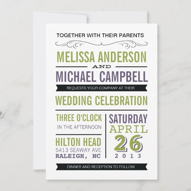 Purple and Green Typography Wedding Invitation (Front)