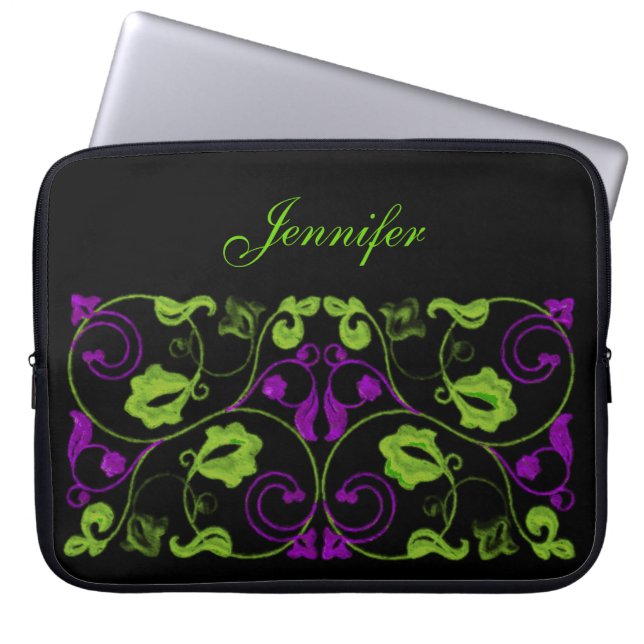 Purple and Green Vine with Name Laptop Sleeve (Front)