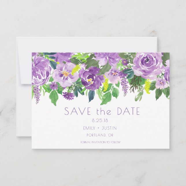 Purple and Green Watercolor Floral Save the Date | (Front)