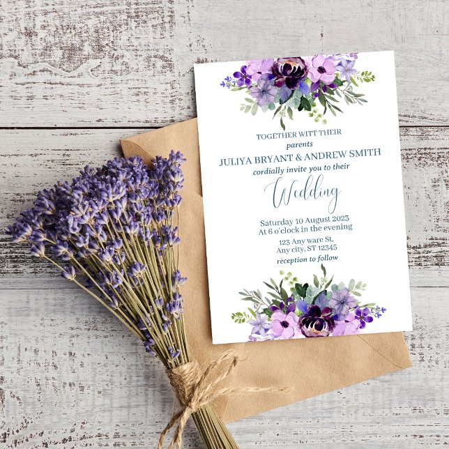 Purple and green watercolour Floral wedding Invitation (Creator Uploaded)