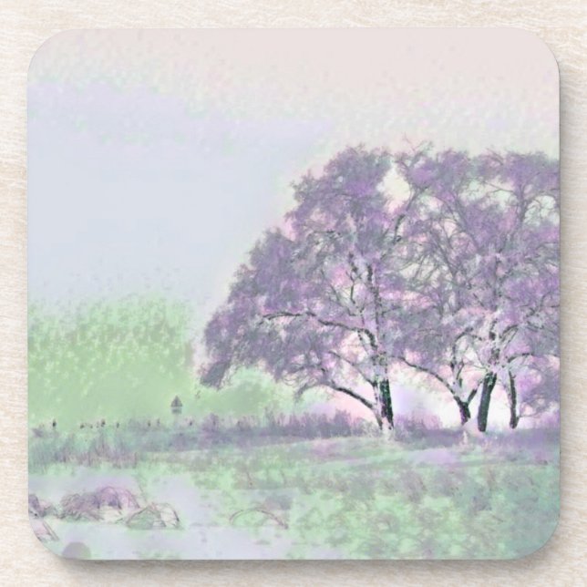 Purple and Green Winter Scenery Painting Coaster (Front)
