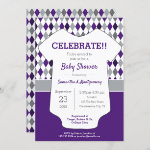 Purple and Grey Argyle Patterned Baby Shower Invitation