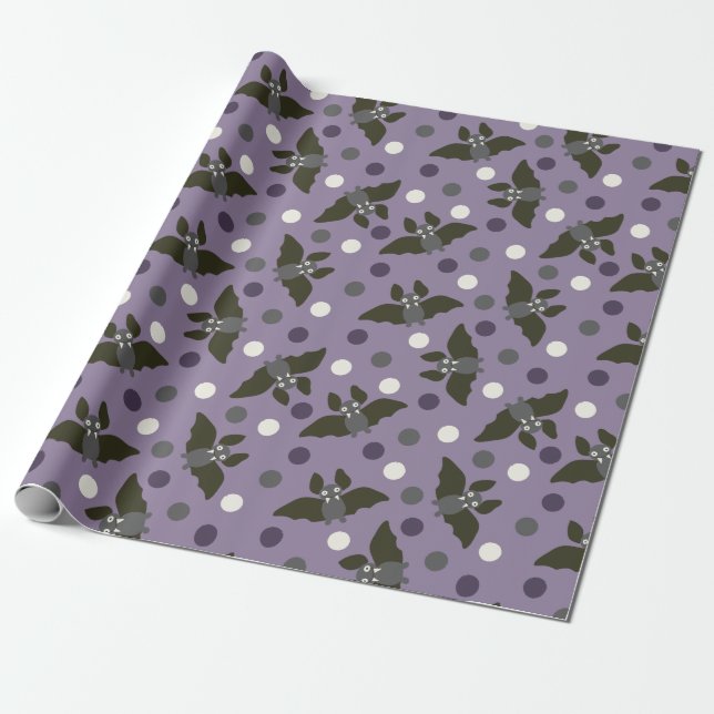 Purple and Grey Cartoon Bats Polka Dots Halloween Wrapping Paper (Unrolled)