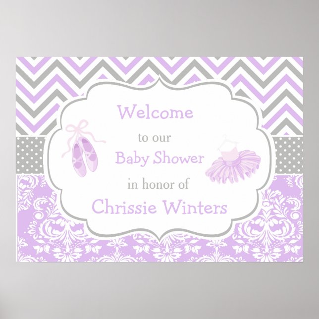 Purple and Grey Chevron Ballerina Baby Shower Poster (Front)