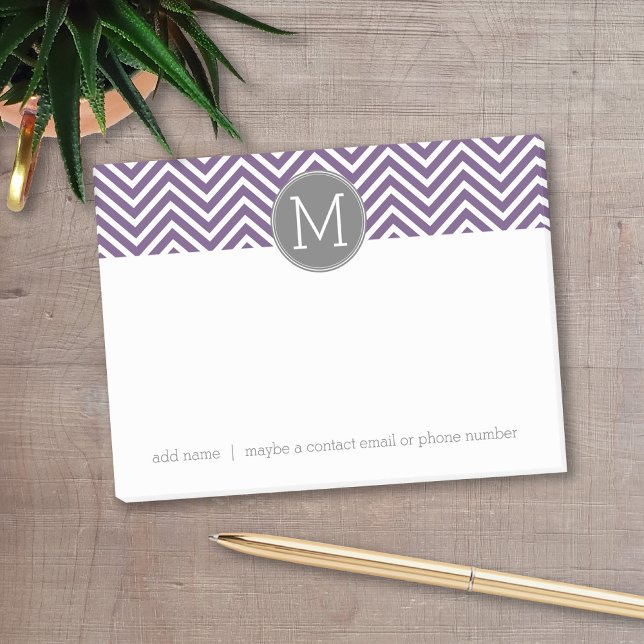 Purple and Grey Chevron Pattern with Monogram Post-it Notes (Personalized post-it notes with a monogram and contact information - low quantity available)