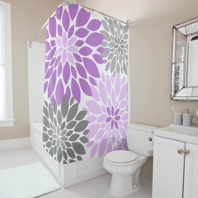 Purple and Grey Chrysanthemums Floral Pattern Shower Curtain (In Situ)