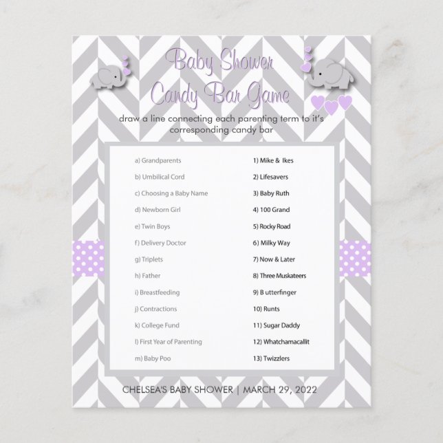 Purple and Grey Elephant Baby Shower Game Flyer (Front)