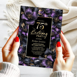 Purple and Grey Floral 75th Birthday Party Invitation