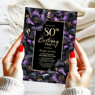 Purple and Grey Floral 80th Birthday Party Invitation