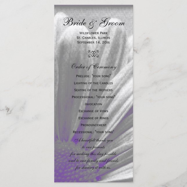 Purple and Grey Floral Highlights Wedding Program Programme (Front)