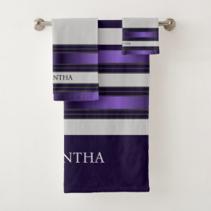Purple And Grey Geometric Stripes Name Bath Towel Set