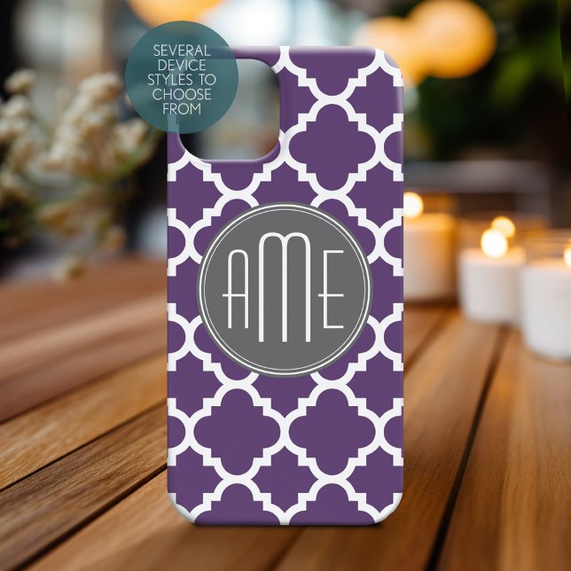 Purple and Grey Quatrefoil Pattern Monogram Case-Mate iPhone Case (Personalized Phone Case with Monogram)