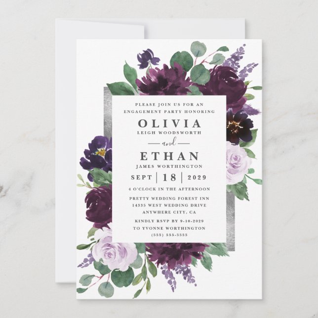 Purple and Grey Silver Watercolor Engagement Party Invitation (Front)