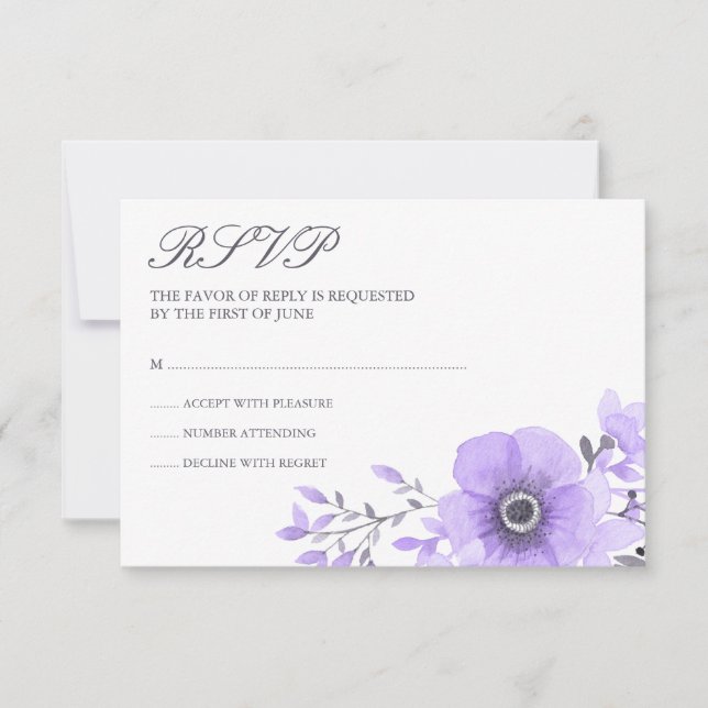 Purple and Grey Watercolor Floral Wedding RSVP (Front)