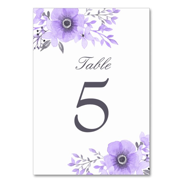 Purple and Grey Watercolor Floral Wedding Table Number (Front)