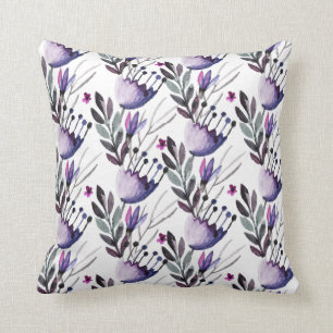 Purple and Grey Watercolor Flowers Pattern Cushion
