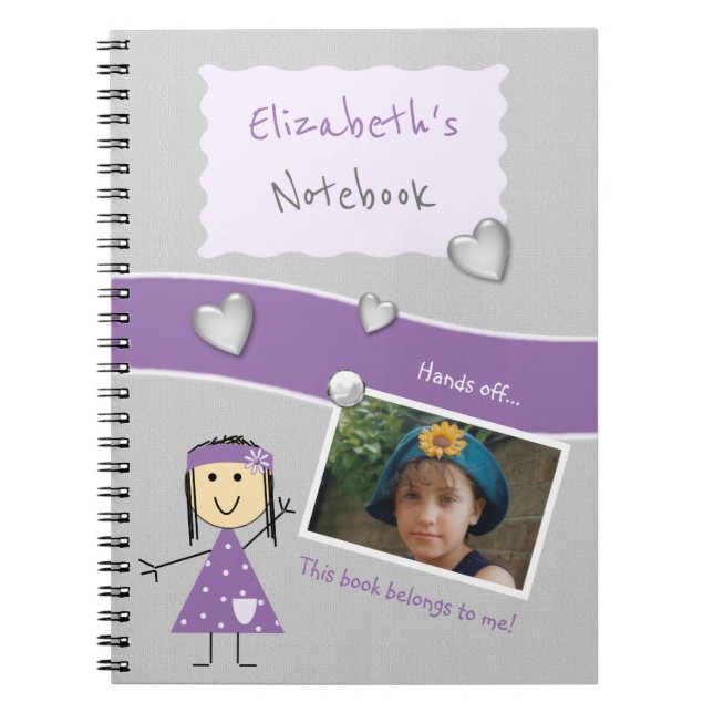 Purple and grey with hearts a name and photo spiral notebook (Front)