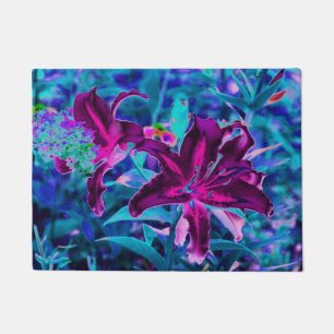 Purple and Hot Pink Abstract Oriental Lily Flowers Doormat