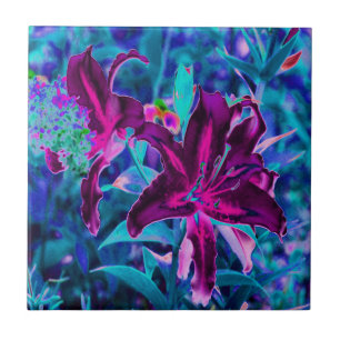 Purple and Hot Pink Abstract Oriental Lily Flowers Tile